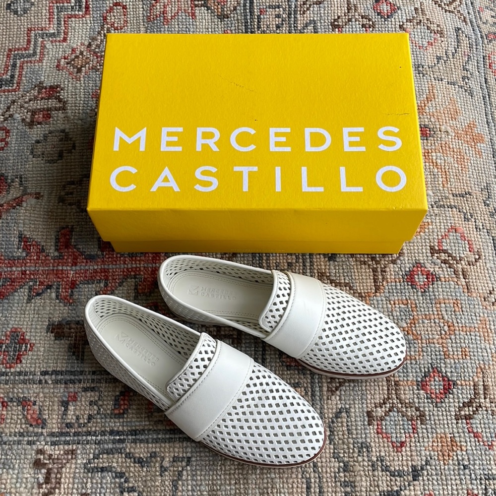 MERCEDES CASTILLO White Perforated Leather Loafers